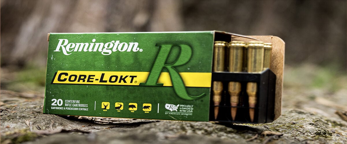 Remington Core-Lokt box on top of tree stump